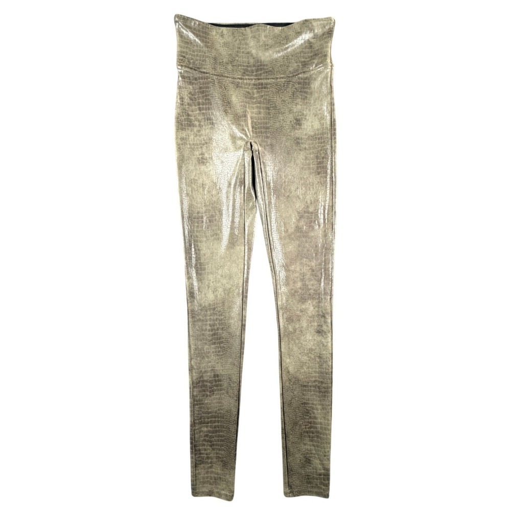 Spanx Womens Small Petite Faux Alligator Leggings Olive Green Metallic High Rise
